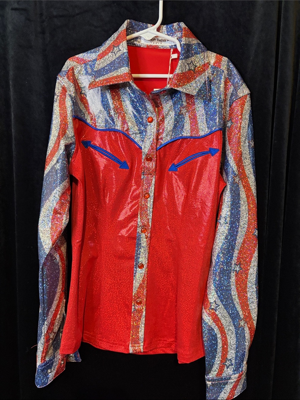 Ranch Dress’n Red Sequin Western Shirt with Blue & Silver  youth large